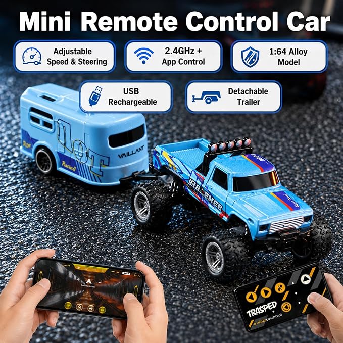1:64 Scale Mini Remote Control Monster Truck with Trailer | 2.4GHz & App Dual Control, Alloy Mini RC Car with LED Lights, Portable Pocket Toy Car for Kids & Adults, Gift for Boys (Green)