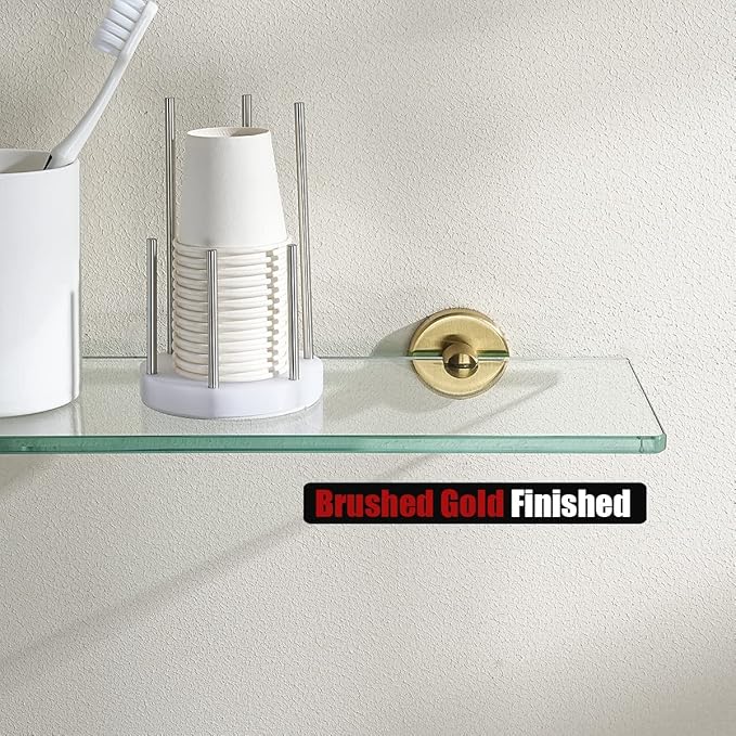 JQK Bathroom Glass Shelf Gold, Tempered Glass Shower Storage 20 by 5 inches, 304 Stainless Steel Brushed Gold Wall Mount, TGS101L20-BG