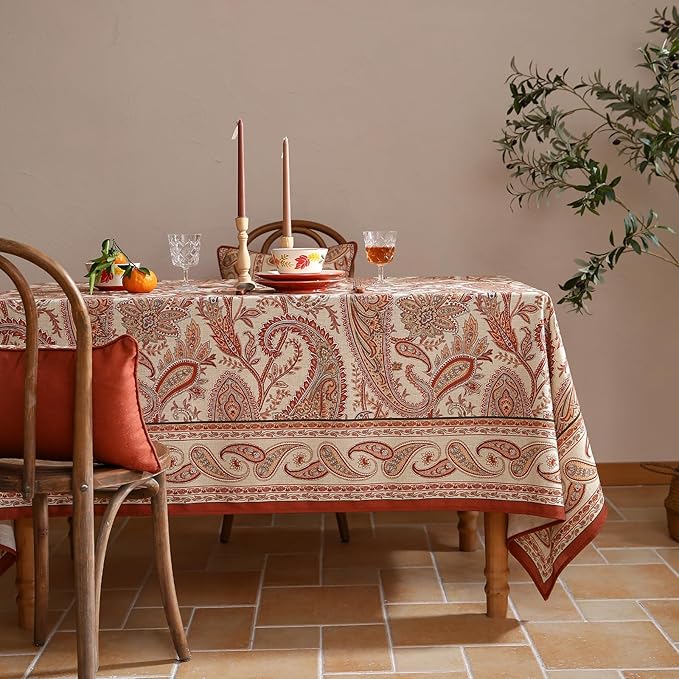 ISAENNE Designer French Red Long Rectangle Tablecloth,Linen Table Cloth with Cashew Pattern,Stain Proof Decor Tablecloths for Dining Thanksgiving Kitchen Christmas,63"*102"-Chauffrey D