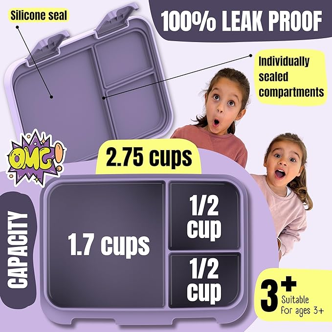 BEARFOOT Kids Lunch Box with Compartments – Compact & Lightweight | Leak-Proof, BPA-Free, Dishwasher & Microwave Safe | Hand-Drawn Design for Preschool, School, Travel (Mermaid Purple, 2.75 Cups)