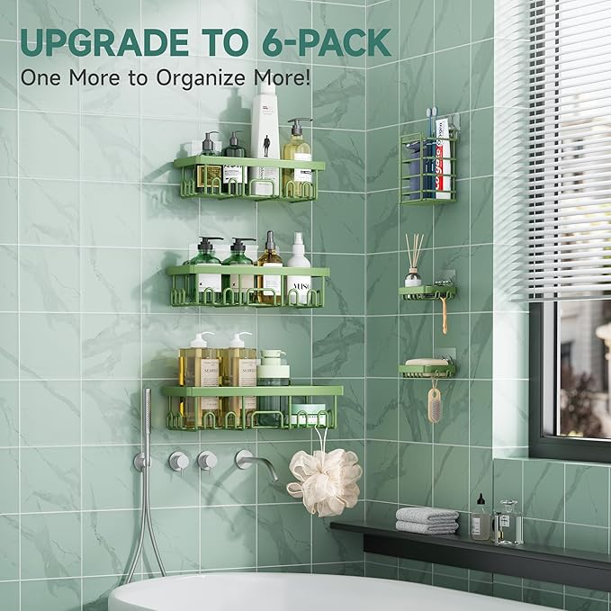 Veken Rustproof & Waterproof Shower Caddy 6-Pack, No Drilling Adhesive Shelves Rack with Soap Holder, Large Capacity Bathroom Organizers and Storage, Wall-Mounted Kitchen & Home Decor, Green