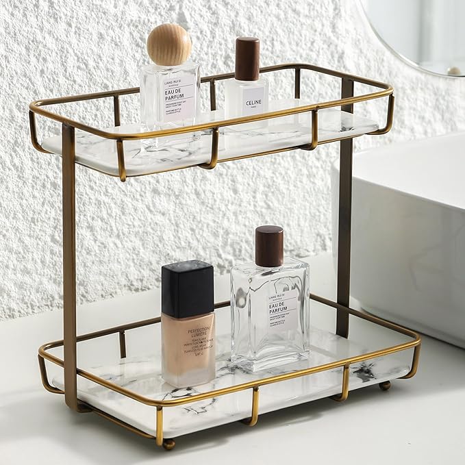 Bathroom Organizer Countertop Perfume Organizer Makeup Organizer Cosmetics Storage Display Rack Vanity Tray Dresser Stainless Steel Gold Shelf White Marble Ceramic Tray