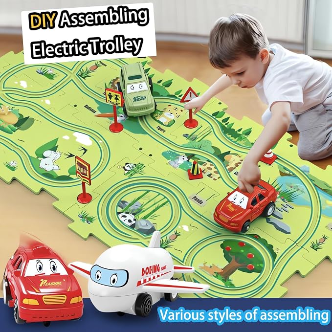 4 Year Old Boy Birthday Gift, Puzzle Racer Kids Car Track Set Puzzle Racer Car Track Set with Roadmap Puzzle Track Car Play Set Toys for 4 Year Old Boys (B-Dinosaur, set2-15PCS)