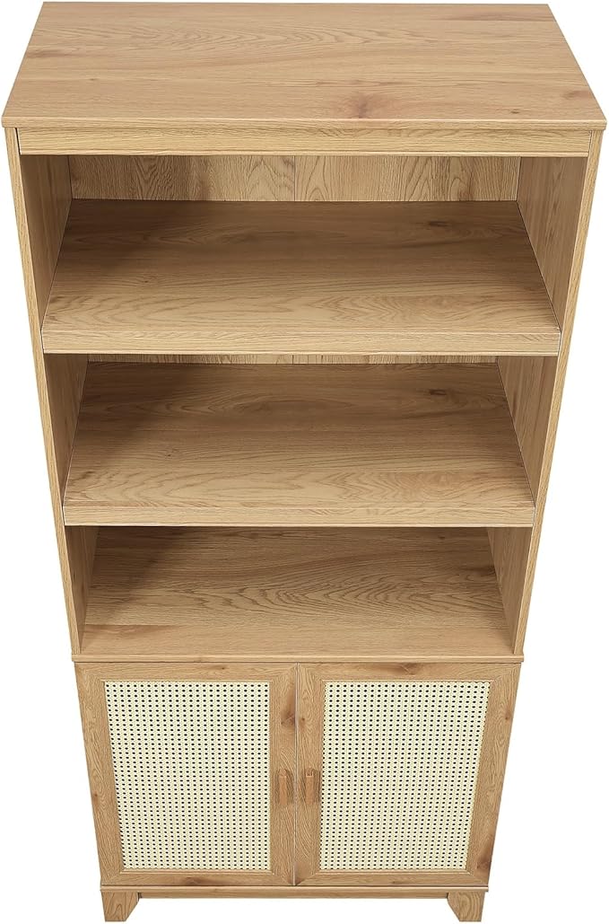 Manhattan Comfort Sheridan Modern Cane Bookcase with Adjustable Open Shelves, Soft Close Doors, and Concealed Compartments, Versatile 3 Tier Bookshelf Storage for Home and Office, Set of 2, Nature