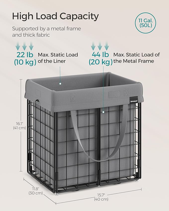 SONGMICS Laundry Hamper, 11 Gal. (50L) Laundry Basket, Collapsible Clothes Hamper, Removable and Washable Liner, Metal Wire Frame, for Bedroom Bathroom, Black and Gray ULCB150G01