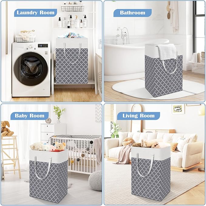 BlissTotes 3-Pack Laundry Basket, Freestanding＆Waterproof Laundry Hamper, Collapsible Tall Clothes Hamper with Easy Carry Handles for Clothes, Towels in the Family and Dorm,Clover Grey,75L