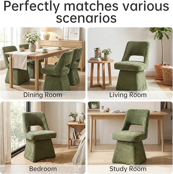VKNOW Upholstered Swivel Dining Chairs Set of 2, Modern Dining Room Chairs with Open Back, Chenille Fabric Kitchen Chairs for Dining Room, Living Room, Bedroom, Vanity, Green