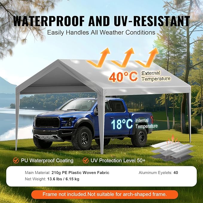 VEVOR Carport Replacement Canopy Cover 10 x 20 ft, Garage Top Tent Shelter Tarp Heavy-Duty Waterproof & UV Protected, Easy Installation with Ball Bungees,Grey (Only Top Cover, Frame Not Include)