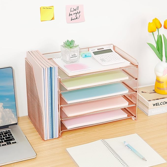 OPNICE 5-Tier Paper Organizer with Magazine Holder, Desk Organizers and Accessories, Office Desk Accessories & Workspace Organizers, Desktop File Organizer for Office Supplies Storage, Rose Gold