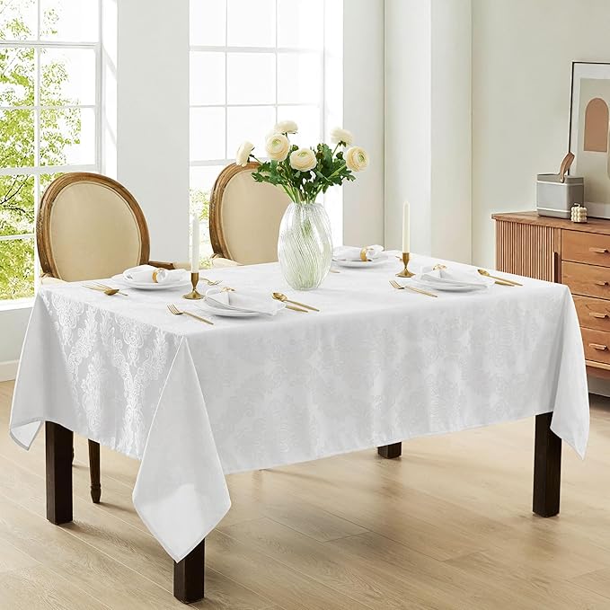 Newbridge Barcelona Luxury Damask Fabric Tablecloth, 52” Wide x 70” Rectangle, White, 100% Polyester, No Iron, Soil Resistant Dining Room, Party and Banquet Table Cover