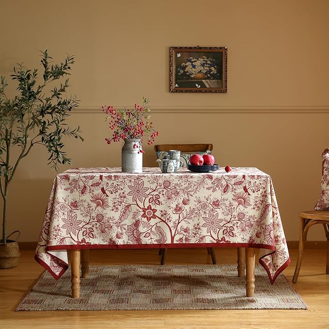 ISAENNE Designer French Linen Extra Long Rectangle Tablecloth,Red Floral Washable Indoor Table Cloth,Durable Home Decor Tablecloths for Dining Thanksgiving Kitchen Party,63"*110"-Ruyi A