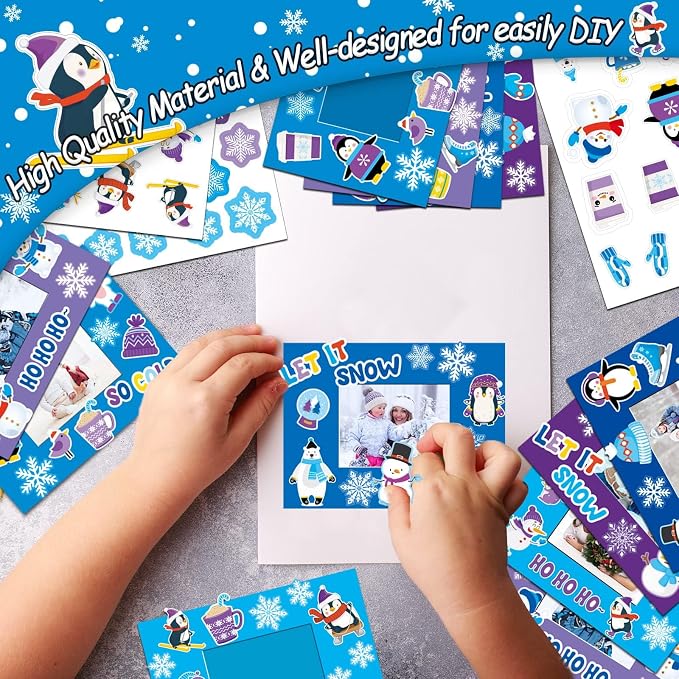 30 Packs Winter Craft Kits for Kids, Holiday DIY Picture Frame Craft Snowflake Penguin Polar Bear Art Party Favor Home Classroom Game Activities