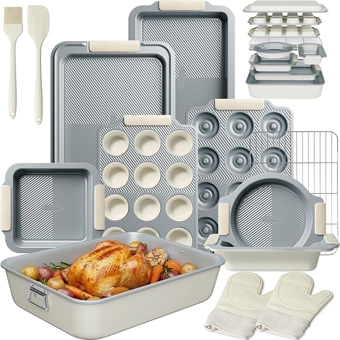 Kikcoin 25 PCS Stackable Baking Pans Set, Non-stick Bakeware Sets with Silicone Handles, 450°F Oven Safe Cookie Sheets for Baking, Easy Release Heavy-duty Baking Sheets Non Stick, Cream