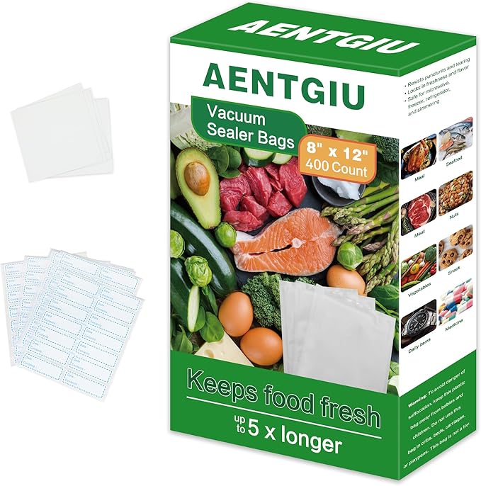 AENTGIU 400 Vacuum Sealer Storage Bags, 8x12 Inch Seal a Meal Bags, BPA Free Quart Bags, Compatible with All Heat Vacuum Sealers Machine, Heavy Duty, Great for vac storage, Meal Prep or Sous Vide