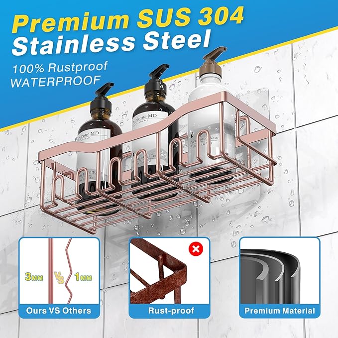 EUDELE 5-Pack Rustproof Stainless Steel Shower Caddy – No Drill Adhesive Bathroom Organizer with Large Capacity, Spacious Shower Shelves for Inside Shower, Kitchen & Home Decor Storage-XL Size