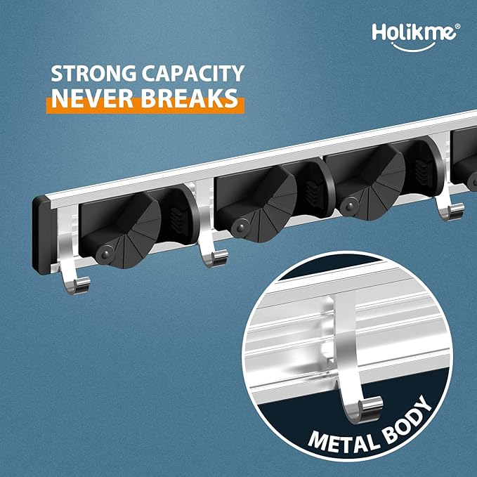 Holikme Mop Broom Holder Wall Mount Metal Pantry Organization and Storage Garden Kitchen Tool Organizer Wall Hanger for Home Goods (4 Positions with 4 Hooks, Black)