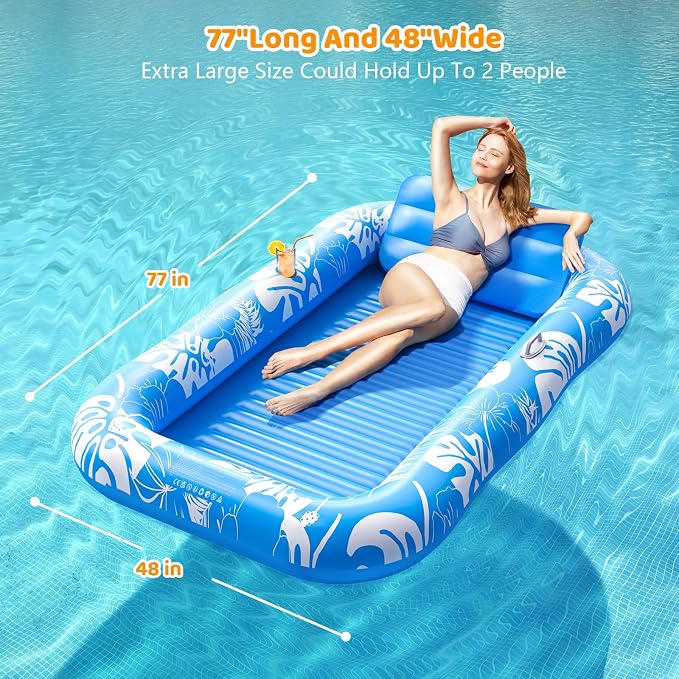 Inflatable Tanning Pool Lounger Float with Sprinkler, 77" x 48" Pool Floats Adult with Pillow, 6 in 1 Suntan Tub Raft Floatie with Drink Holder Sunbathing Water Lounge