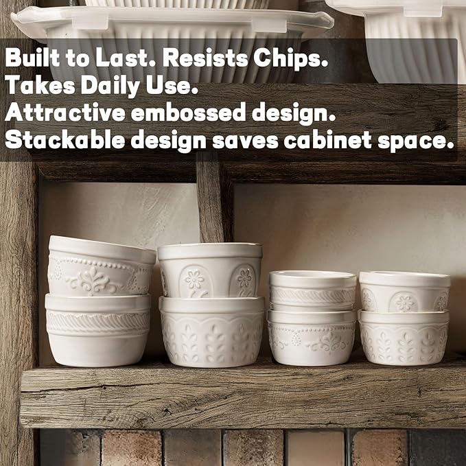 Artena Ramekins Oven Safe, Creme Brulee Ramekins, Embossed White Ceramic Ramiken, Souffle Pudding Custard Cups, Baking Dish, Dipping Bowls, Sauce Cups, Set Of 4 (Willow Leaf, 8 oz)