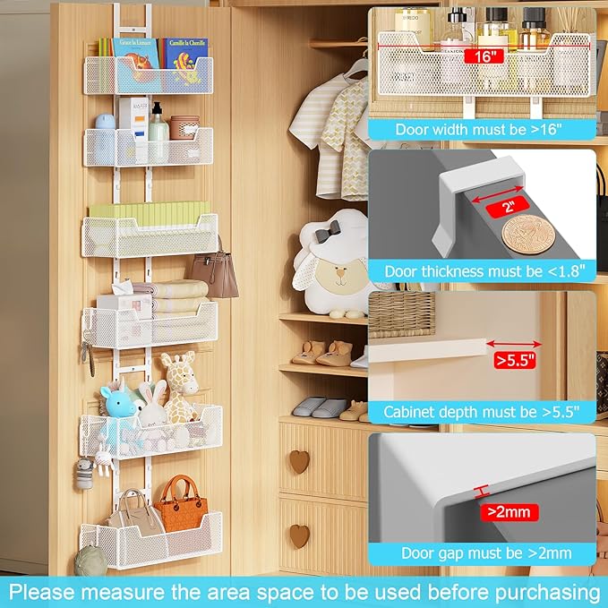 Over The Door Organizer, Metal Hanging Door Organizer with 6 Adjustable Baskets and 5 Hooks, Behind The Door Storage for Closet Pantry Cabinet Kitchen Bathroom Bedroom, White