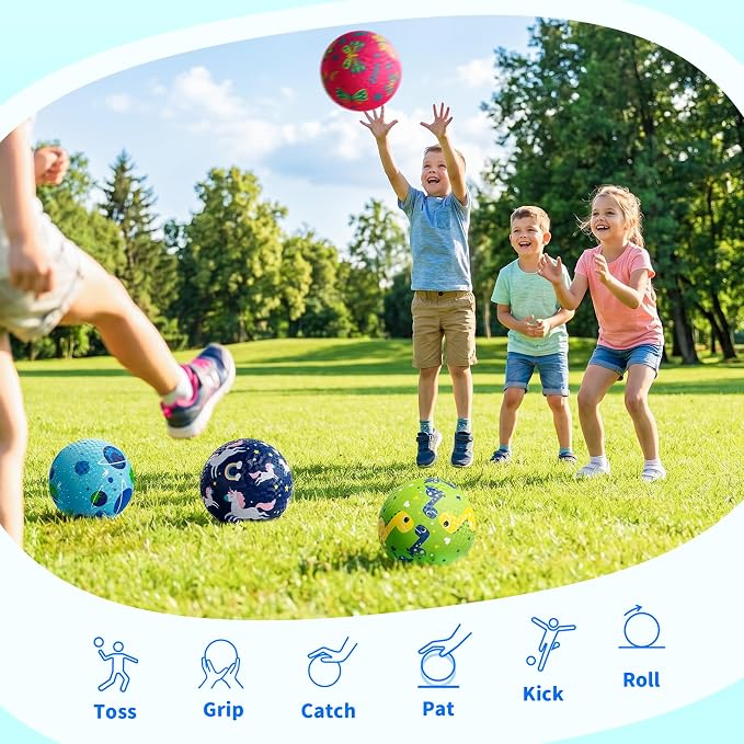 ZOOJOY Pack of 4 Cartoon Playground Balls, 8.5" Rubber Bouncy Kickball Set, Indoor & Outdoor Dodgeball Kickball Balls for Toddler 3-12, School Games Toys for Boys and Girls with Pumps and Boxes