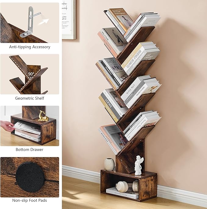 Hoctieon 9 Tier Tree Bookshelf, Tall Bookcase with Drawer, Wood Book Shelf, Modern Floor Standing Bookshelves, Book Organizer Shelves for Bedroom, Living Room, Home Office, Rustic Brown