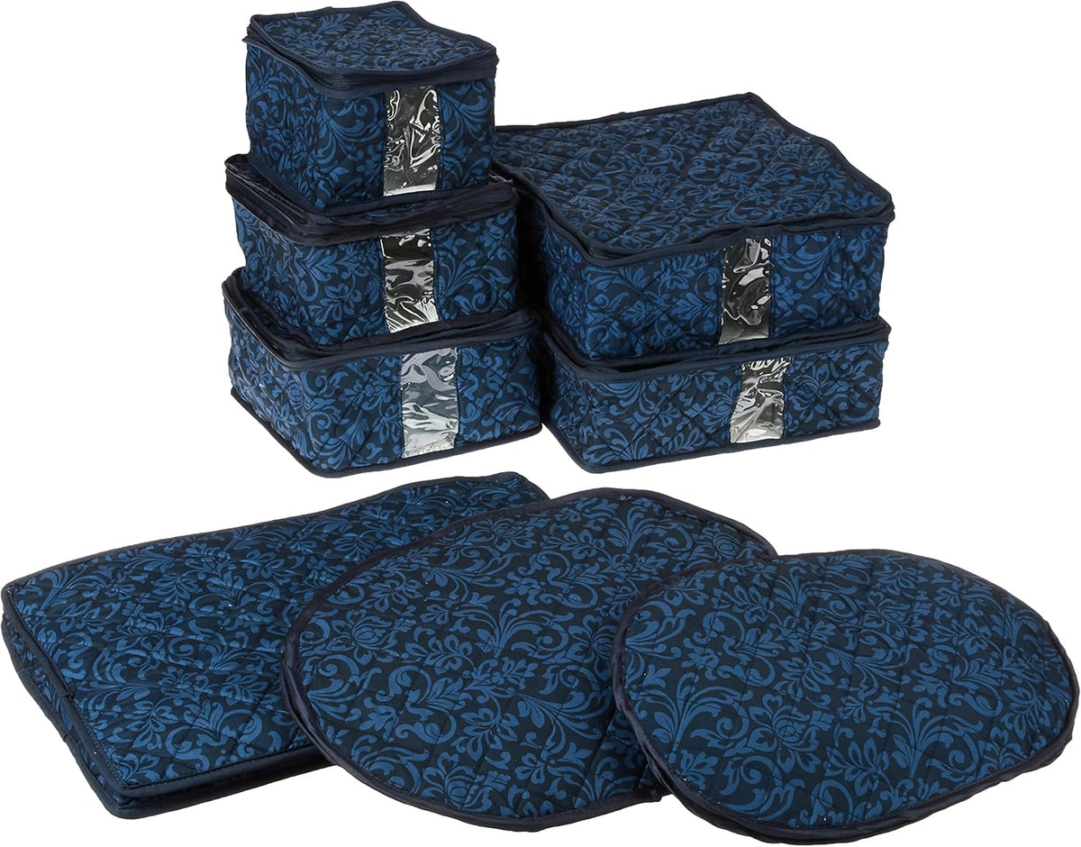 8-Piece Storage Containers Set – China, Navy, Quilted, Stackable Dish & Plate Protectors – Glass & Dinnerware Organizer Lids – Kitchen Storage for Meal, Tupperware, Glass Containers & Food Storage