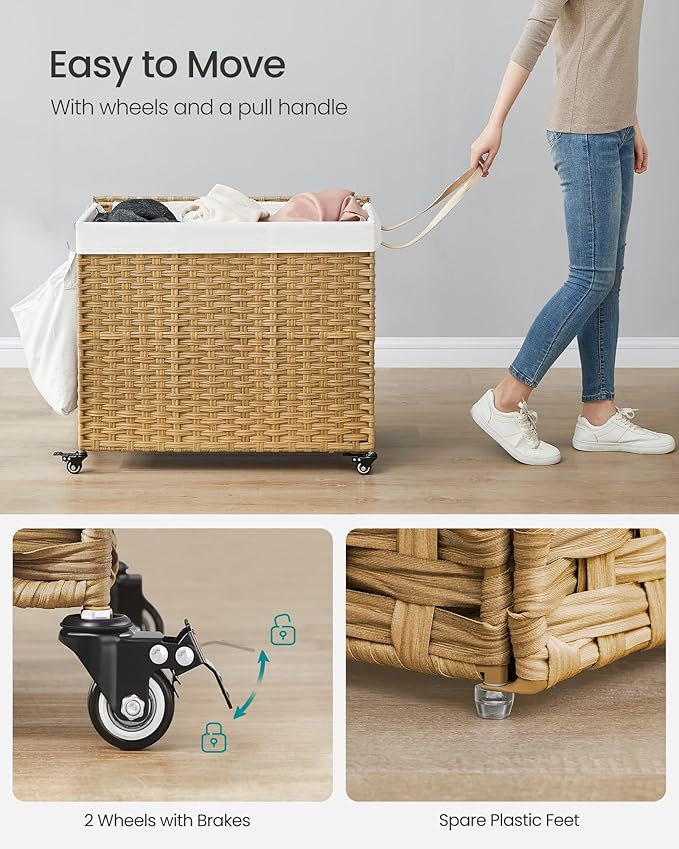 SONGMICS Laundry Hamper with Lid, 42.3 Gallons (160 L), Rolling Laundry Basket with Wheels, 3-Section Synthetic Rattan, Removable Liner, Bedroom, 29.9 x 13 x 26 Inches, Natural ULCB365N01