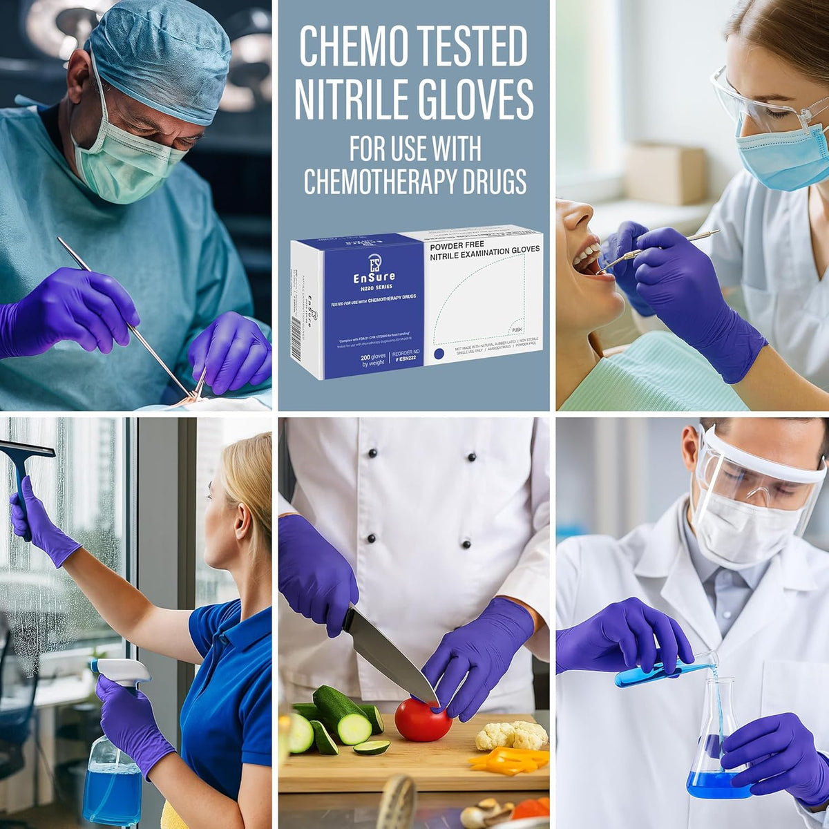 EnSure Nitrile Exam Gloves, Powder-Free, Latex-Free, Chemo Rated, Non-Sterile, Light Duty, Textured Tips, Medical, Surgical, Food Safe, Cleaning, Dental, Lab Use - 3 Mil (X-Large, 200 Count)