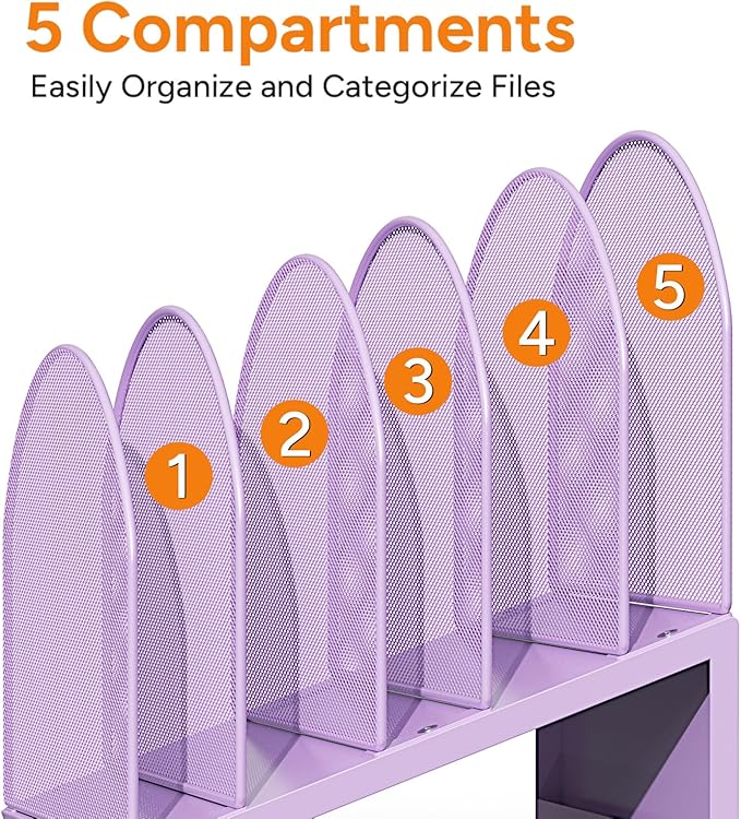 5-Section Desk File Organizer, Metal Mesh Folder Organizer for Documents, Mail & Office Papers (Purple)