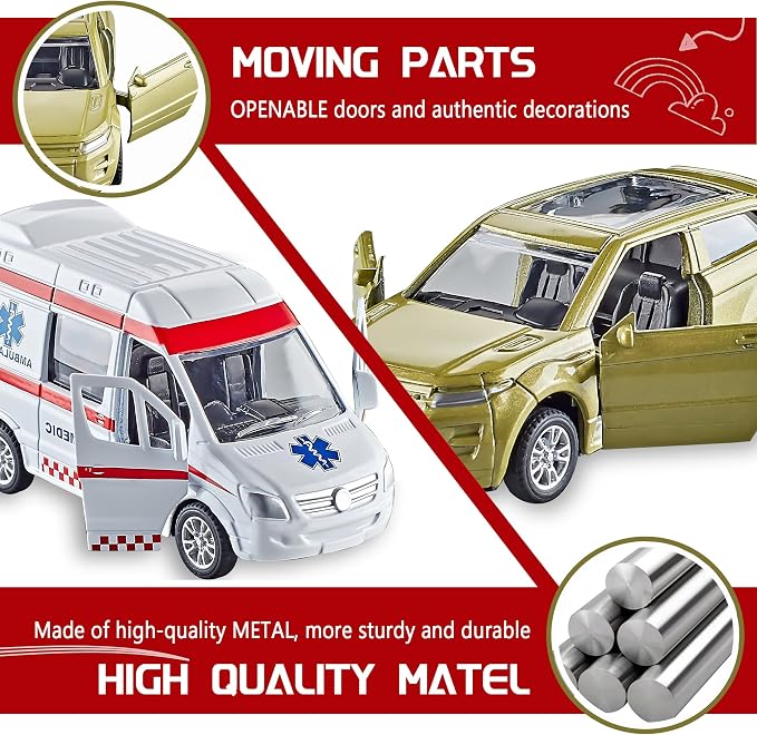 KIDAMI Die-cast Metal Toy Cars Set of 5, Openable Doors, Pull Back Cars Ambulance, Gift Pack for Kids (Official Car Ⅱ)