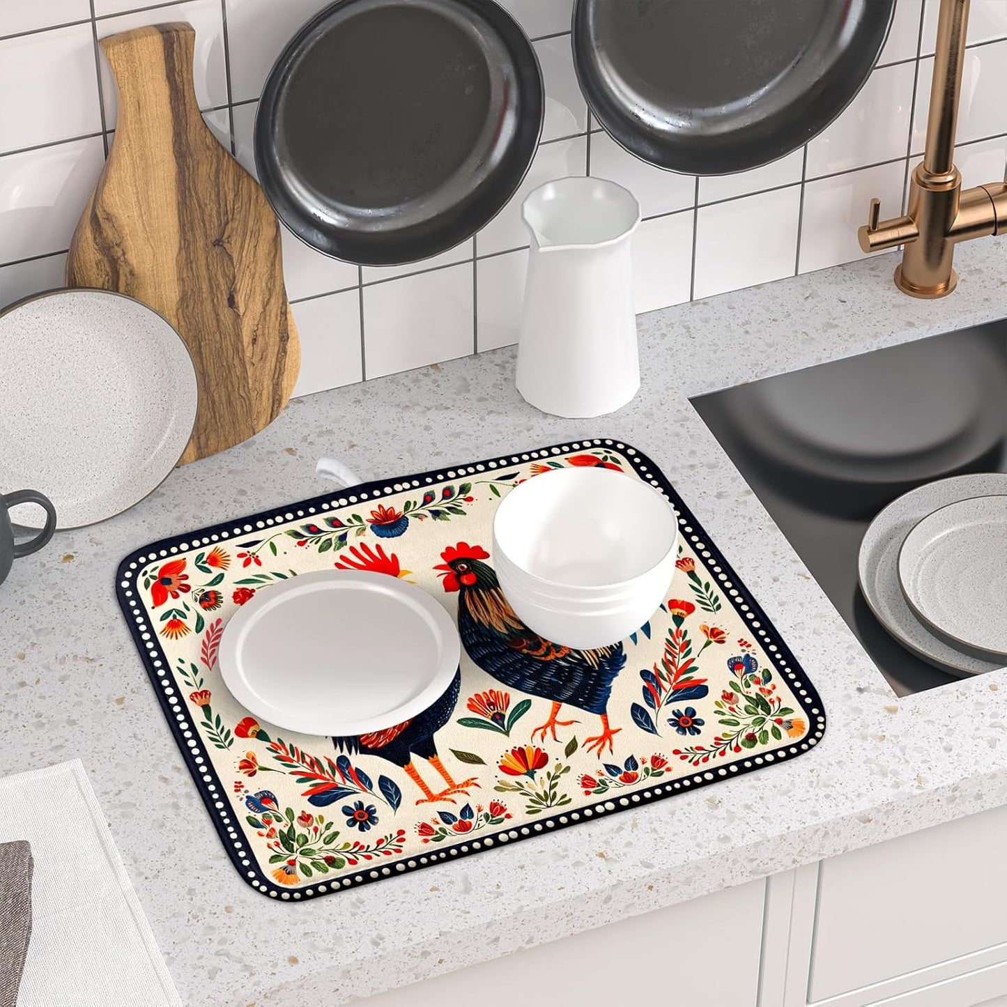 Roosters Chicken Dish Drying Mat for Kitchen Counter Absorbent Microfiber Drying Pad 16 x18 In