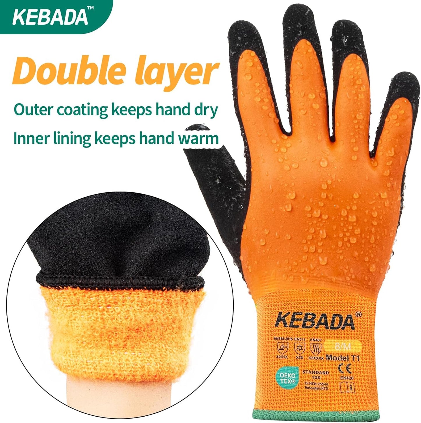 Kebada T1 3 Pairs Waterproof Winter Work Gloves for Men and Women, Warm Work Gloves for Cold Weather, Thermal Insulated Freezer Gloves, 100% Latex Coating & Super Grip, Unisex, Small