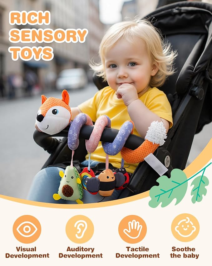 Jollybaby Crib Stroller Car Seat Toys for Baby 0-3-6-9-12 Months, Tummy Time Hanging Sensory Toys for Newborn with Music Box and Teether, Spiral Carseat Toy for Infant Boys Girls Gift (03-Orange Fox)