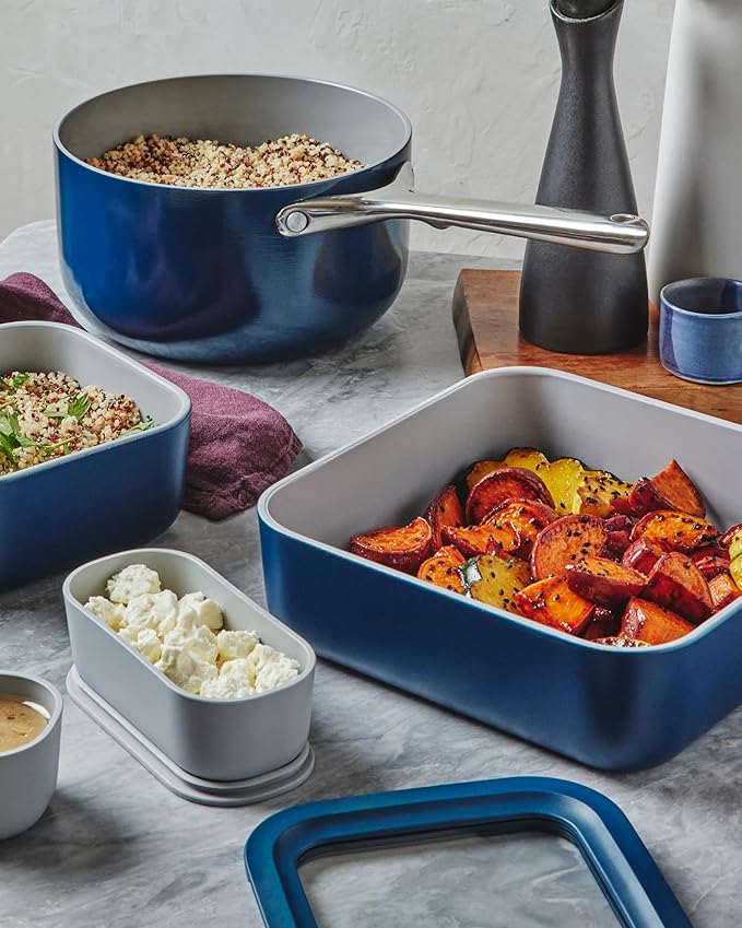 Caraway 6pc Glass Food Storage Set – 10 Cup Food Containers (6) - Ceramic Coated - Non Toxic, Non Stick with Lids - Microwave Safe - Gray