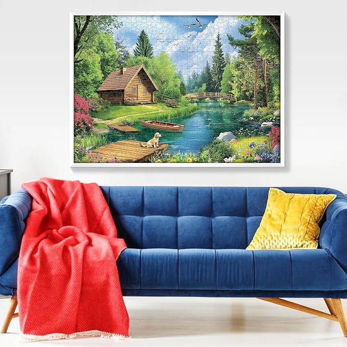 1000 Piece Puzzles for Adults, Spring and Summer Landscape Jigsaw Puzzle, Wooden House and Dog Jigsaw Puzzles 1000 Pieces, Challenging Game Home Decor Birthday Party Gift Toy for Adults Kids Seniors
