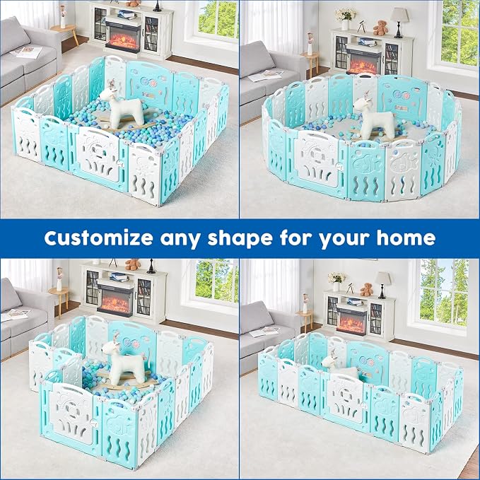 Albott Baby Fence 18 Panels Kids Playpen- Foldable Toddler Safety Play Center Yard Adjustable Shape Portable Design for Children Toddler Indoor Outdoor Use Blue