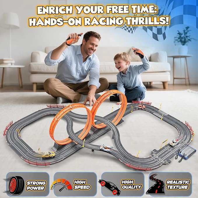 Slot Car Race Track Sets,2 in 1 Race Car Track with 4 High-Speed Slot Cars，Gift Toy for Boys Kids Ages 5 6 7 8-12,Dual Power (Source) Cars Track,Dual Racing Game Lap Counter Circular Overpass Track