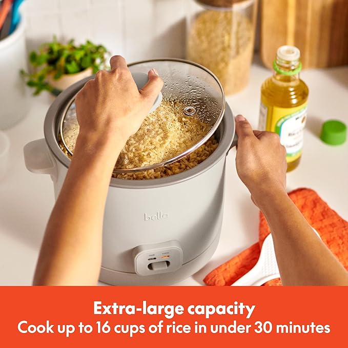 bella 16 Cup Rice Cooker with Steamer, Dishwasher Safe Steaming Basket, Rice Paddle and Measuring Cup, Removable Nonstick Cooking Bowl, Automatic Keep Warm Function, 400 Watt, Oatmilk