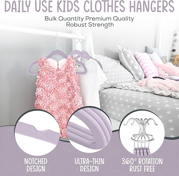 50 Premium Kids Velvet Hangers - 14'' Non-Slip, Ultra-Slim & Space-Saving Hangers - 360° Swivel Hook, Strong & Durable for Children & Preteens - Purple