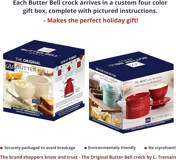 Butter Bell - The Original Butter Bell crock by L Tremain, a Countertop French Ceramic Butter Dish Keeper for Spreadable Butter, La Fleur Collection (Hand Painted Raised Floral)