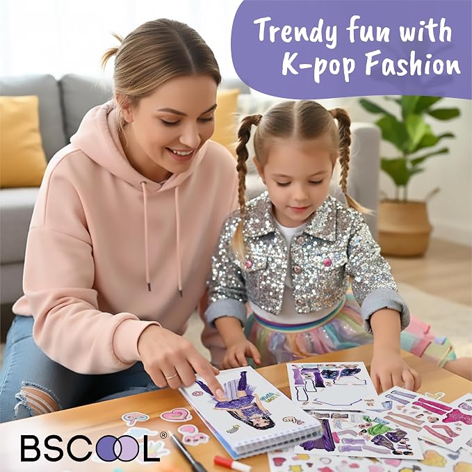 BSCOOL K-Pop Sticker Dress Up Activity Book 2-Pack for Girls Ages 5+ – 200+ Removable Stickers – K-Pop Fashion Paper Doll Books – Creative Birthday Gift for Kids