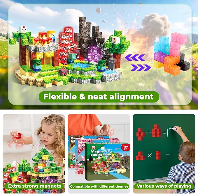 400PCS Magnetic Blocks with Light-Up Blocks - Magnetic Building Blocks Playset, Magnetic Stacking Cube Toys, STEM Sensory Montessori Learning Toys, Birthday Gifts for Kids Boys and Girls Age 3+
