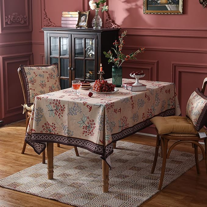 patdrea Designer French Linen Long Rectangle Tablecloth for Rectangle Table,Vintage Red Floral Tablecloths,Table Cover for Kitchen Dining,Tea Party,Christmas,Thanksgiving,Holiday,55"x79"-Newmari