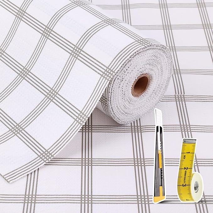 Drawer and Shelf Liner for Kitchen Cabinet: 23.6 in X 20 Ft Non Slip Waterproof Shelf Paper Non Adhesive Refrigerator Liners White Square Easy Liners for Bathroom Cupboard with Knife Tape Measure