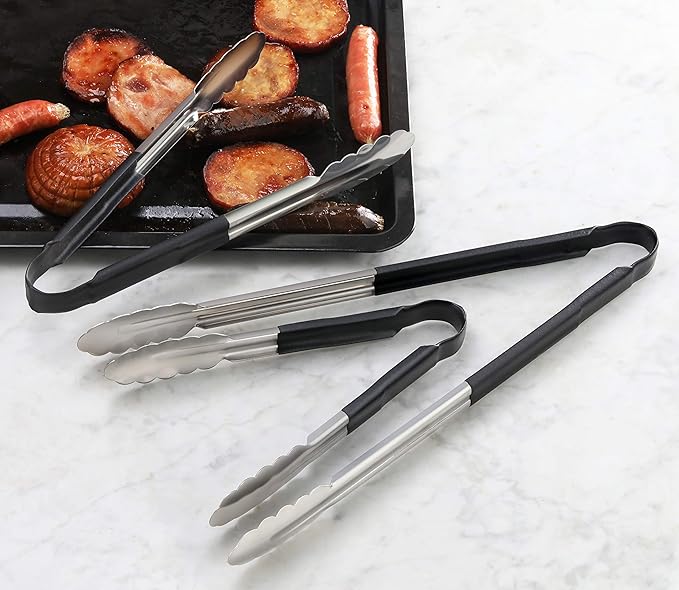New Star Foodservice 35797 16-Inch Utility Spring Tongs, Stainless Steel, Vinyl Coated, Set of 12, Black