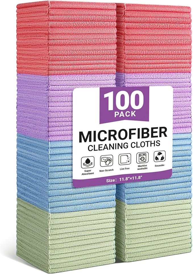 Microfiber Cleaning Cloth, 100 Pack Assorted Color Cleaning Rags for Housekeeping, Colorful Reusable Microfiber Towels for Car, Kitchen, Bathroom and Household Cleaning Supplies, 11.8"X11.8"