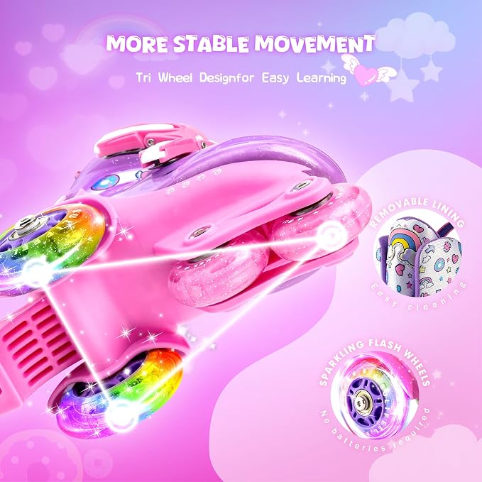 SULIFEEL Adjustable Roller Skates for Girls Boys Kids,Fun Illuminating Light Up Flash Wheels Three-Point Type Balance Suitable for Beginners Indoor Roller Skating