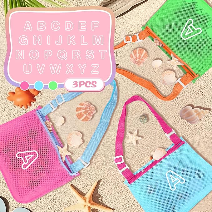 3Pcs Personalized Kids Beach Shell Bag, Initial Seashell Mesh Zipper Beach Pouch, Shell Collecting Bag for Holding Shells with Adjustable Straps, Sand Toys Swim Pouch Gift for Girl Boy Teens(Letter A)