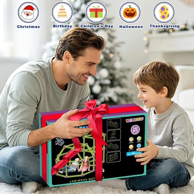 Glow In The Dark Fort Building Kit for Kids Age 4, 5, 6, 7, 8+ Years Old, STEM Building Toys for Indoor Outdoor, kids Creative Construction Toys Set, Christmas Birthday Gifts for Boys & Girls, 140 Pcs