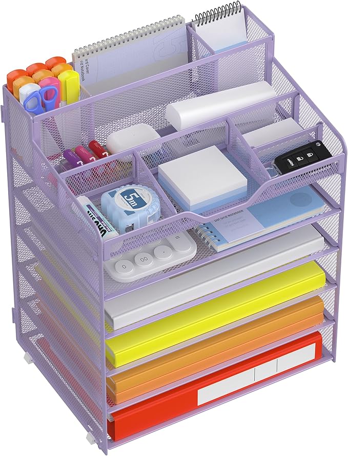 Docnest 6 Tier Mesh Desk Organizer for Paper Office Supplies – Multi-Functional Letter Tray with 5 Adjustable Compartments, 3 Pen Holders, Desktop Storage for Files, Mail, Stationery – Purple